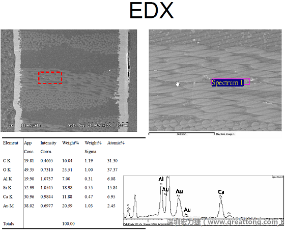 ACF(Conductive Anodic Filament，導墊性細絲物，陽極性玻璃纖維絲漏電現象)。用EDX打出來Au(金)的元素介于通孔與盲孔之間第一個位置。