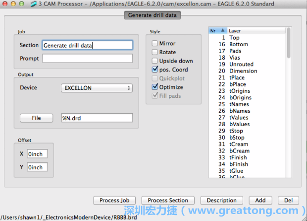 打開「excellon.cam」的工作項目并建立drill文件（副檔名為「.dri」和「.drd」），之后你只會用到「.drd」的文件檔；「.dri」的文件只是解釋用資料（所謂后設資料）而已。